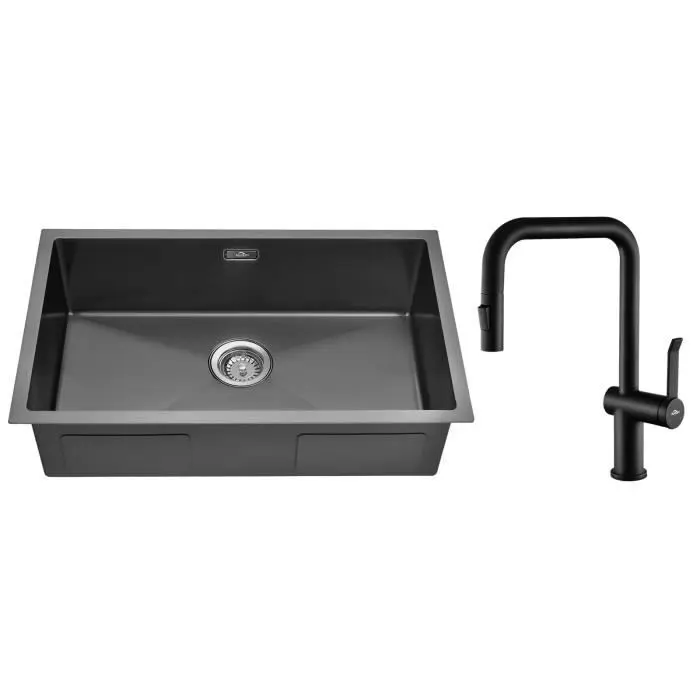 Fregadero de 1 tazón, 70x44x19cm, fregadero negro bajo encimera con grifo d