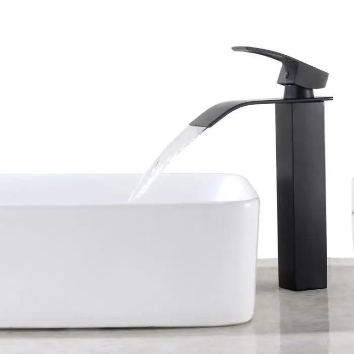 Grifo de lavabo de cascada negro, mezclador de lavabo cuadrado innovador de c