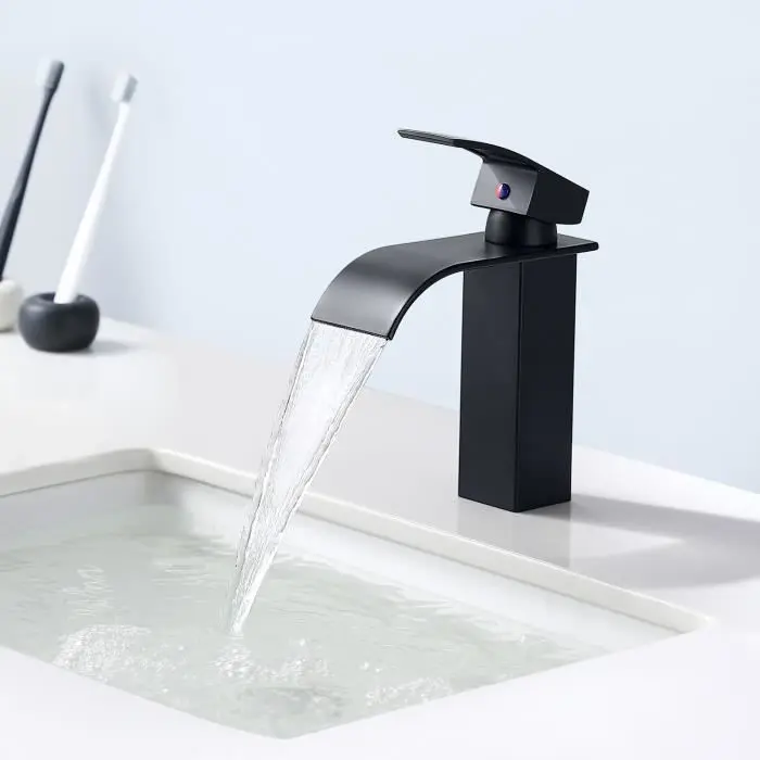 Auralum grifo de lavabo de cascada negro vanguardista, grifo de baño para lavabo