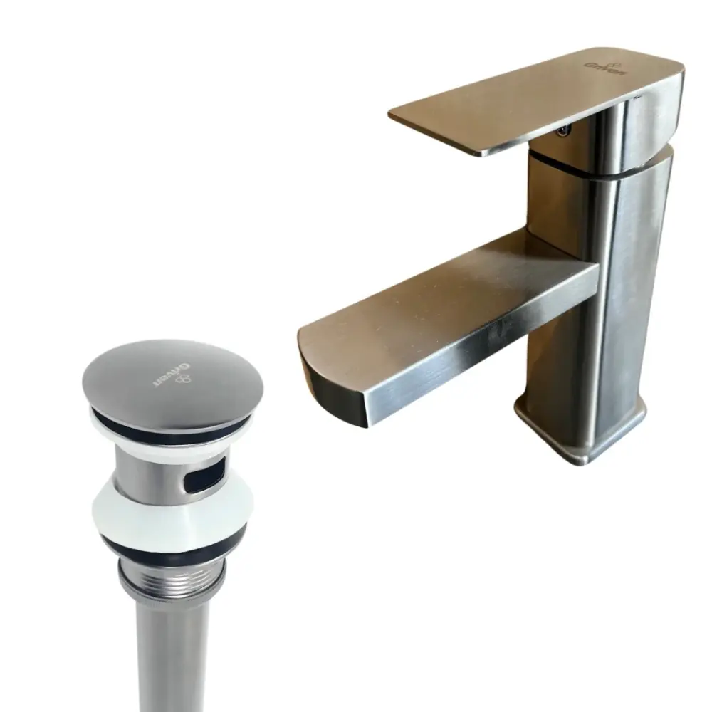 Combo de grifo monomando bajo para lavamanos Griven en acero inoxidable satinado + Desagüe push
