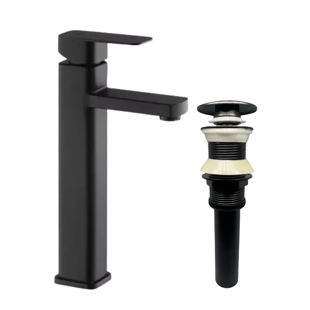 Combo de Grifo Monomando para Lavamanos Griven Largo de 30CM - Acabado Negro Mate + Desague Push Negro