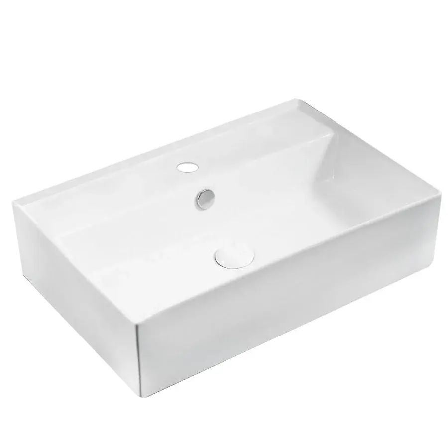 Lavabo de apoyo rectangular en cerámica blanca con orificio de rebosadero y orificio para grifo cm 59,5x40