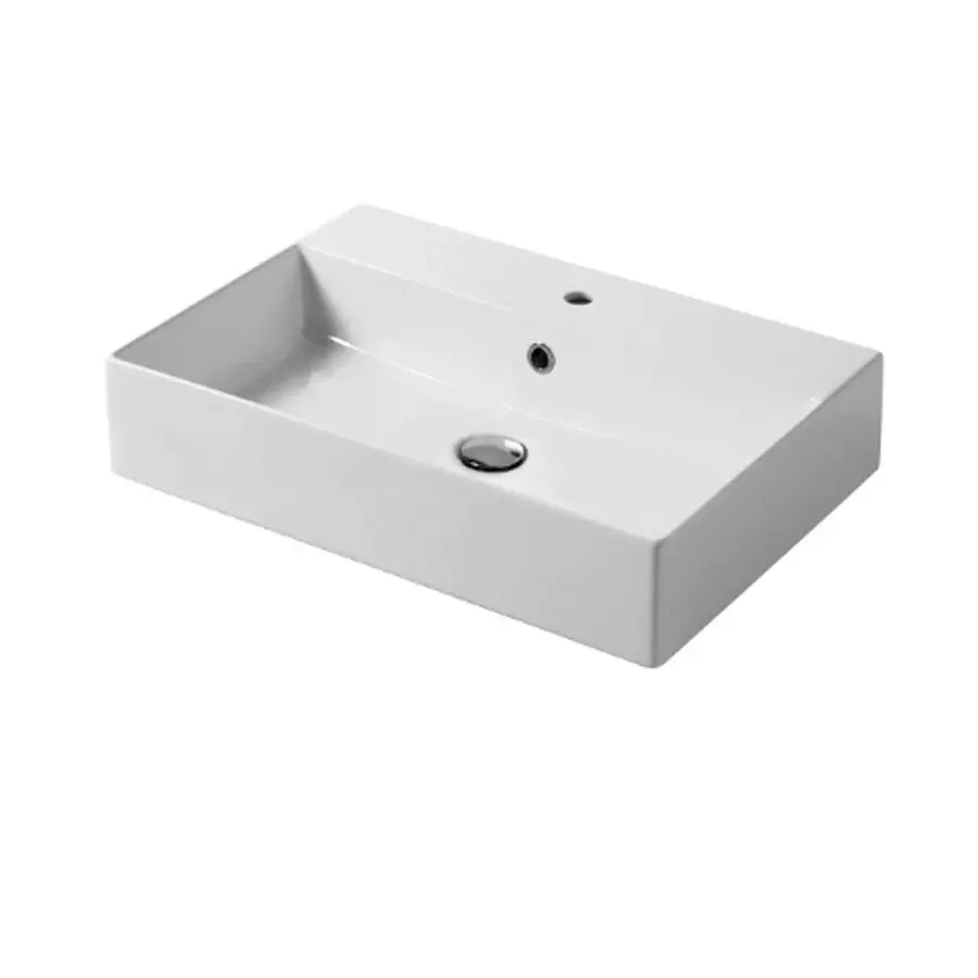 Lavabo rectangular de apoyo o suspendido en cerámica blanca resplandeciente 60x40 cm con orificio para grifo Disegno-Cera...