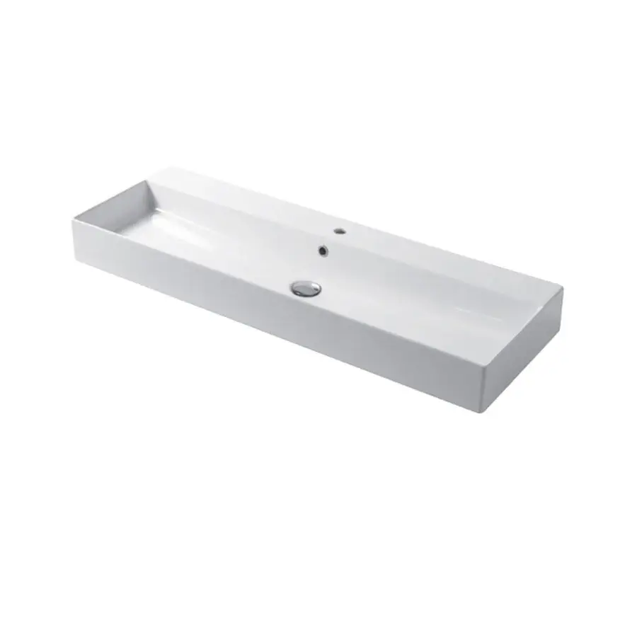 Lavabo rectangular de apoyo o suspendido en cerámica blanca resplandeciente 120x40 cm con orificio para grifo Disegno-Cer...
