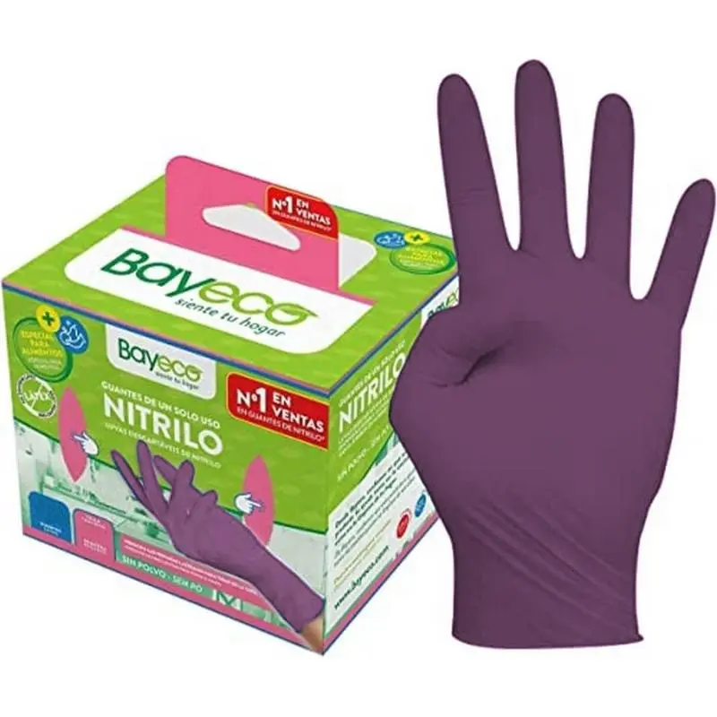Guante desechable alimentario de nitrilo morado bayeco pack 20 t-s Fplus