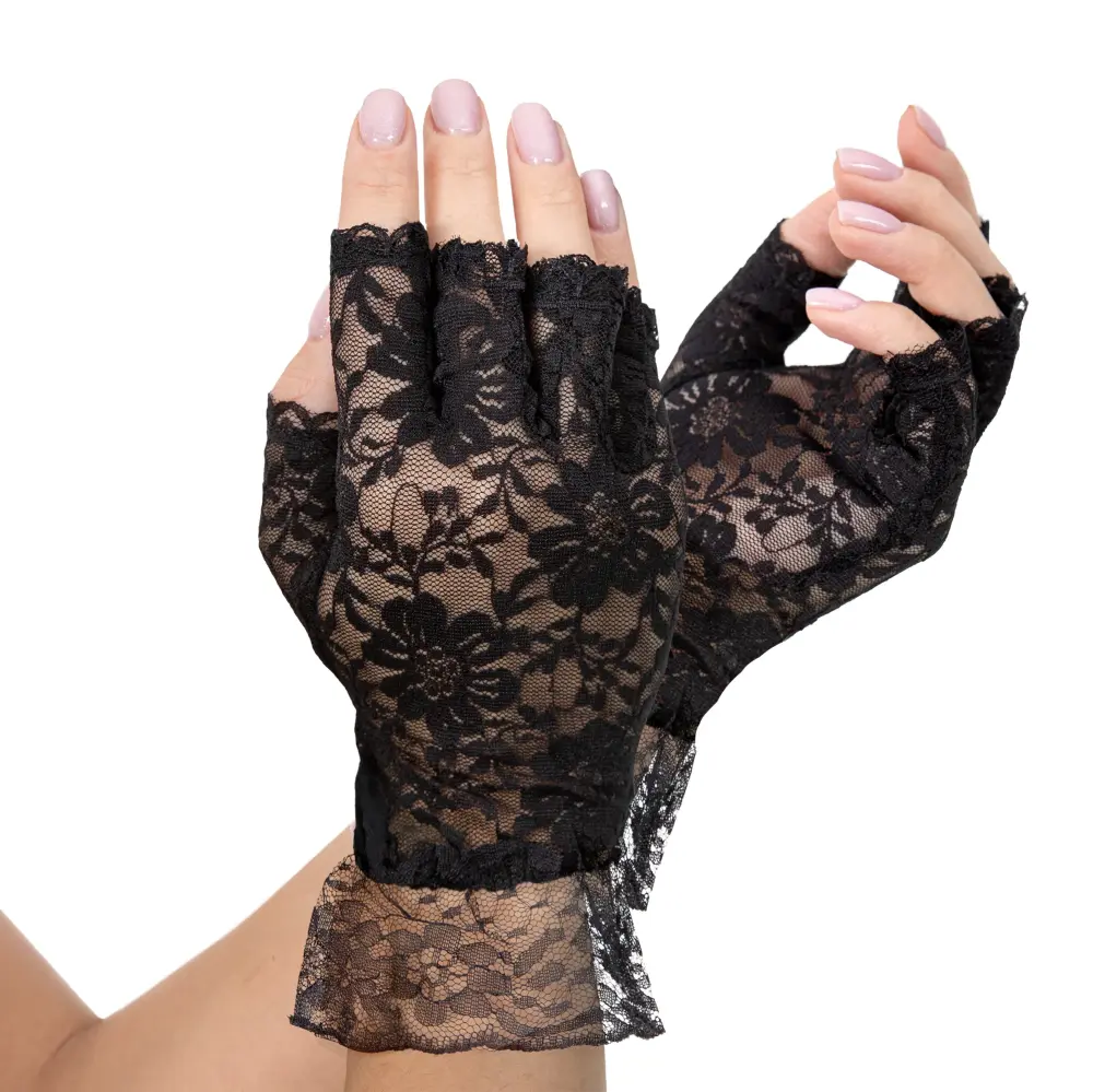 Guantes negros de encaje sin dedos de 22 cm