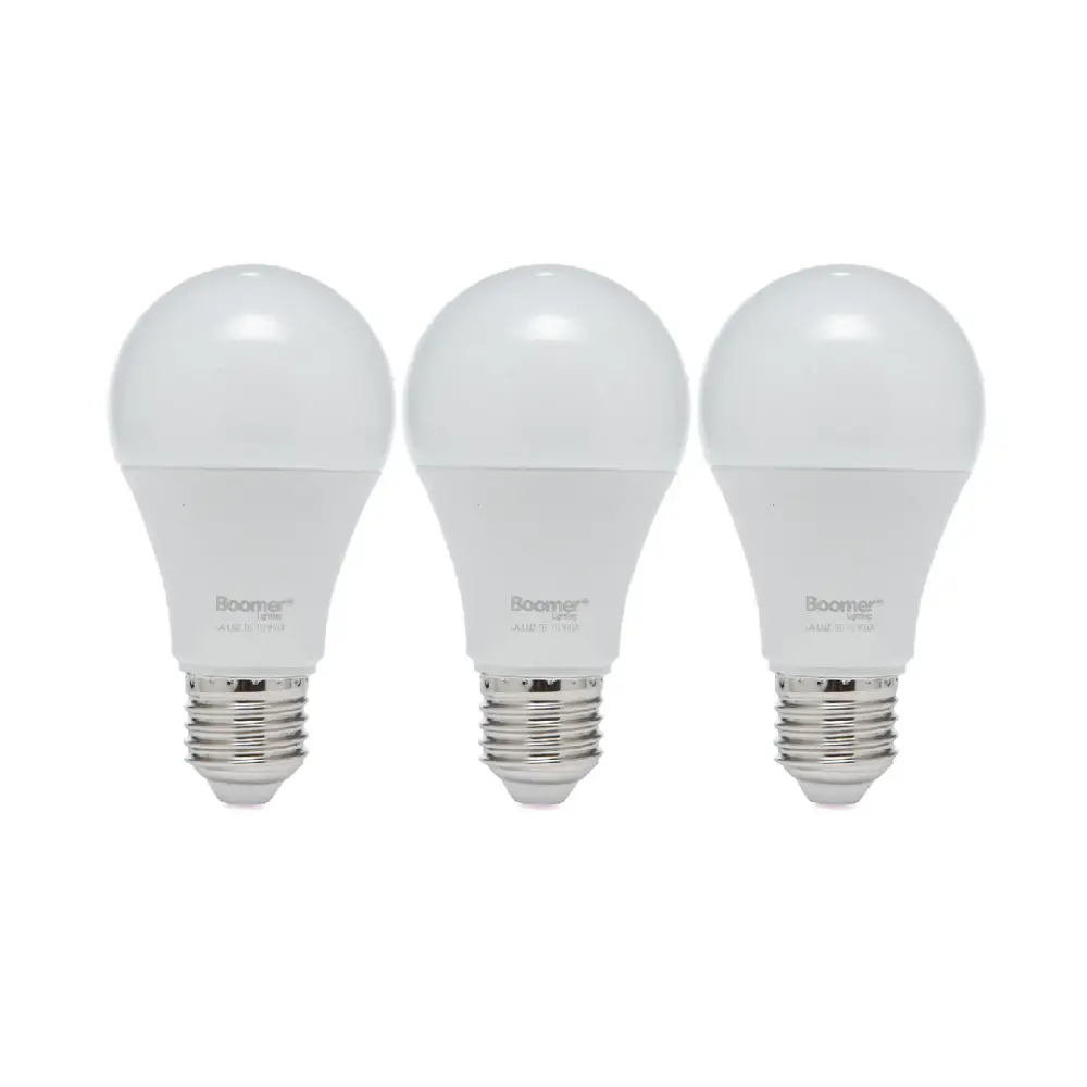 PAQUETE DE 3 FOCOS LED A19 5.5W, LUZ CÁLIDA, 500LM, BASE E27