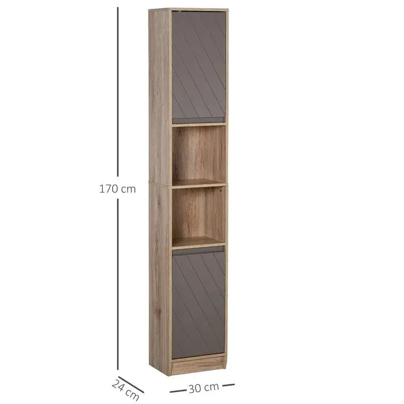 Armario alto para baño Homcom 2 armario+2 estantes abiertos gris/natural 170x30x24 cm