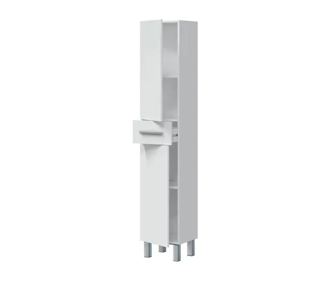 Columna de baño Dokerek, Mueble de baño con 2 puertas y 1 cajón, Armario grande, 35x31h182 cm, Blanco brillo