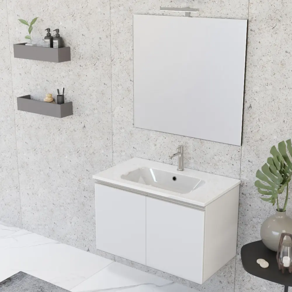 Composición de baño suspendida Nexu 2 puertas con lavabo espejo con lámpara LED 80x50 cm blanco