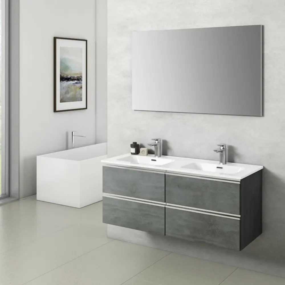 Composizione di mobili bagno sospesi con doppio lavabo e specchio modello York02 120 cm Cemento