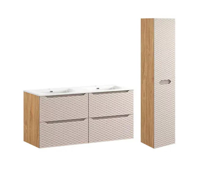Conjunto de muebles con doble lavabo encastrado 120cm 4 cajones y columna Elora Hueso y madera