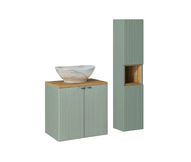 Conjunto de muebles lavabo individual 60cm 2 puertas y columna Jade Verde y Madera