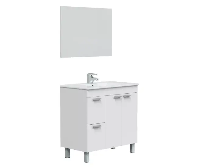 Mueble baño Adam 2 puertas 2 cajones espejo, sin lavabo, Blanco brillo