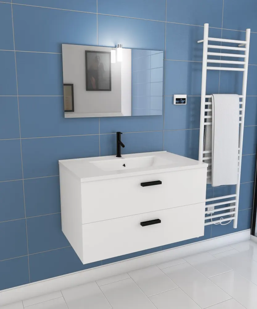 Mueble de baño 80 cm 2 cajones bianco - lavabo blanco, espejo y aplique LED