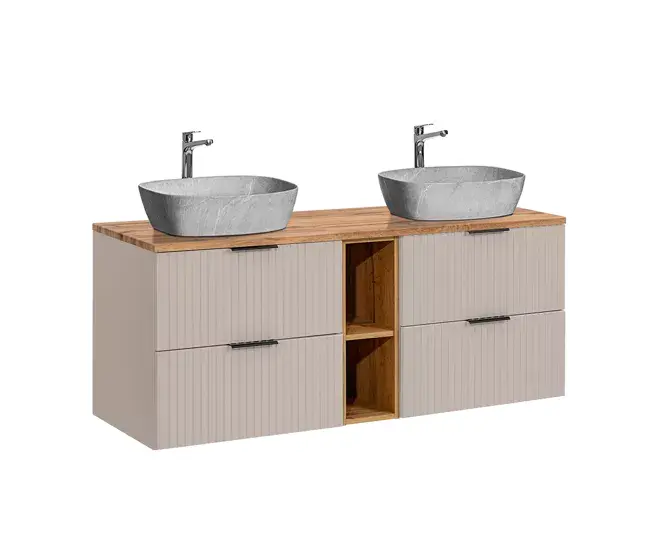 Mueble doble lavabo imitación piedra 140cm 2 compartimientos Adriel Cachemira y Madera