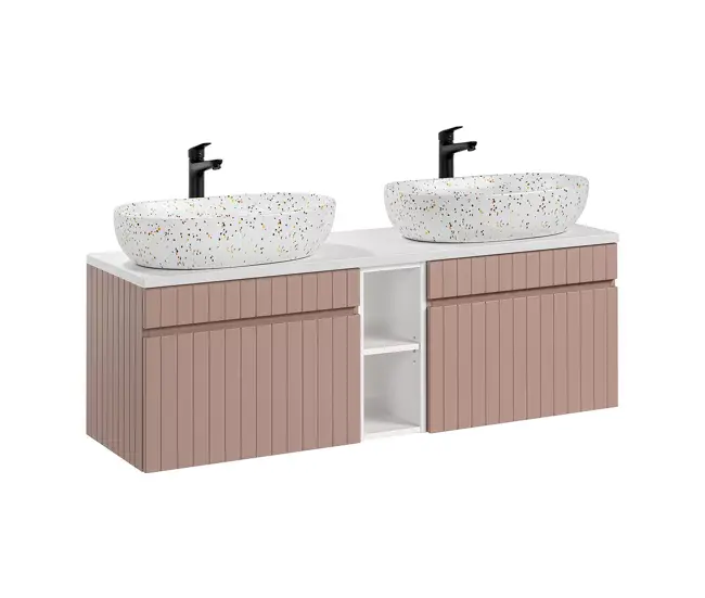 Mueble lavabo doble 140 cm 2 nichos Zelie Rosado y Blanco