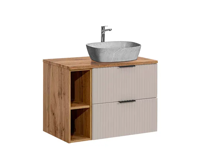 Mueble lavabo individual imitación piedra 80cm 2 compartimientos Adriel Cachemira y Madera
