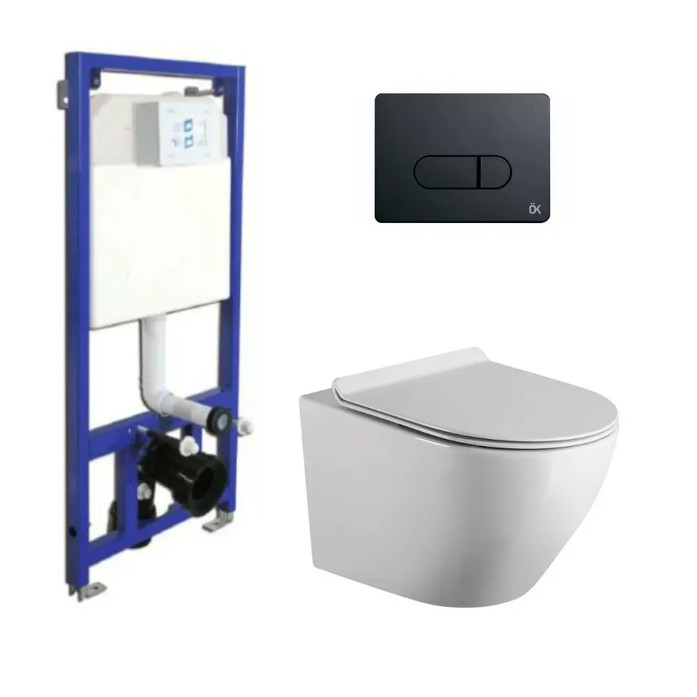 Pack inodoro suspendido blanco brillo + cisterna + pulsador negro | Resistente al Óxido |
