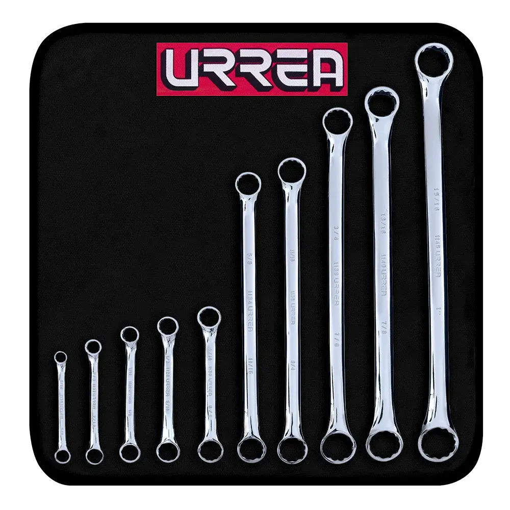 Ajustable Juego de llaves de estrías pulido espejo de 15° en pulgadas, 12 puntas, 10 pz en estuche Urrea