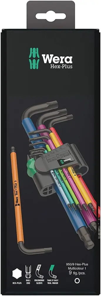 Juego de llaves acodadas métricas BlackLaser 9 piezas 950/9 Hex-Plus Multicolour 1 Wera 073593 con Estuche de Almacenamiento