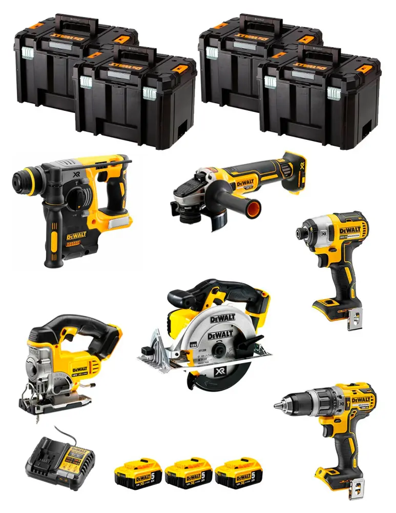 Atornillador Inalámbrico Kit Dewalt 6 herramientas + 3 bat 5ah + Cargador DCB1104 + 4xTstak VI Kit DCK691P3