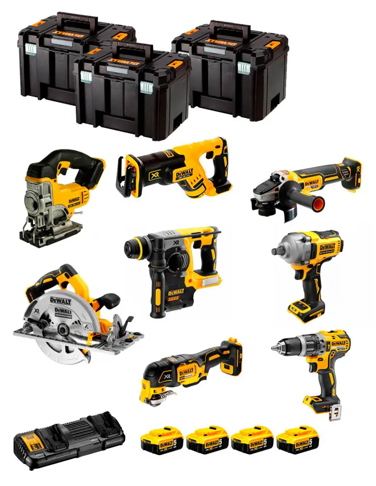 Kit Dewalt 8 herramientas + 4bat 5Ah + Cargador DCB132 + 3xTSTAK DCK867P4 Ligero y Portátil