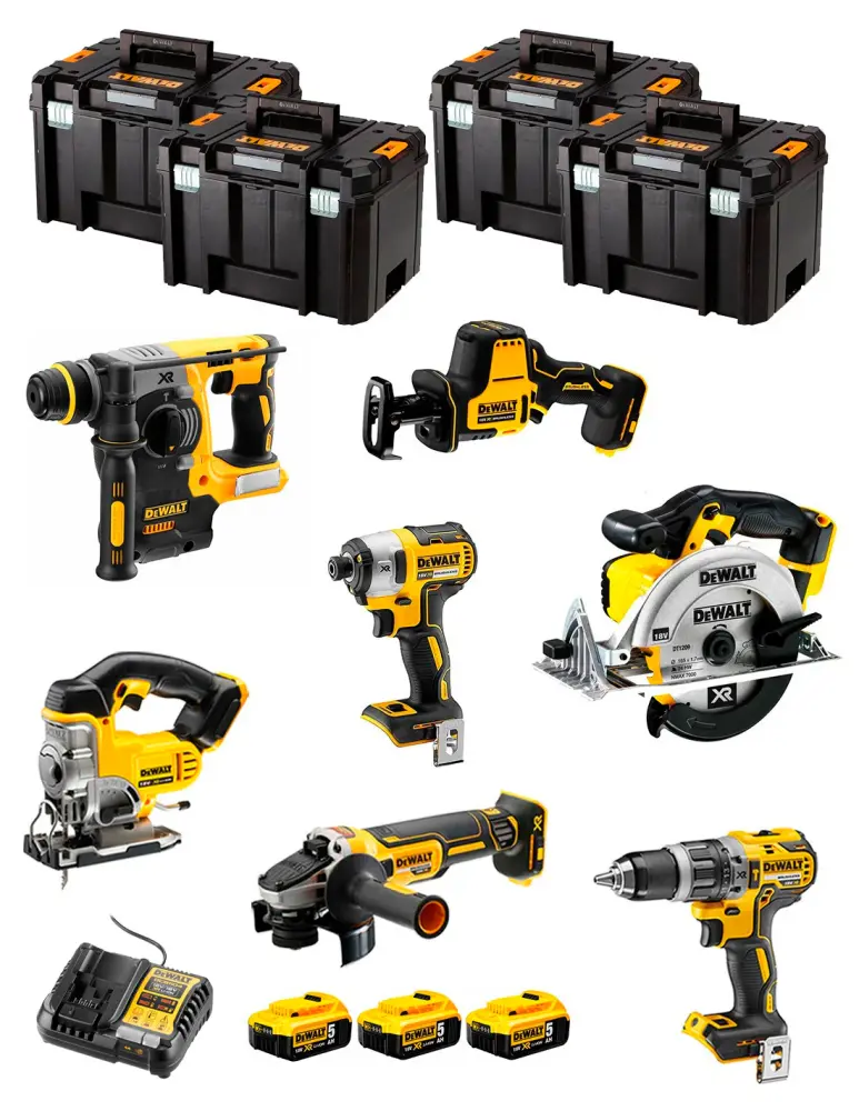 Kit Dewalt 7 herramientas + 3 bat 5ah + Cargador DCB1104 + 4xTstak VI DCK769P3 con Cargador Rápido