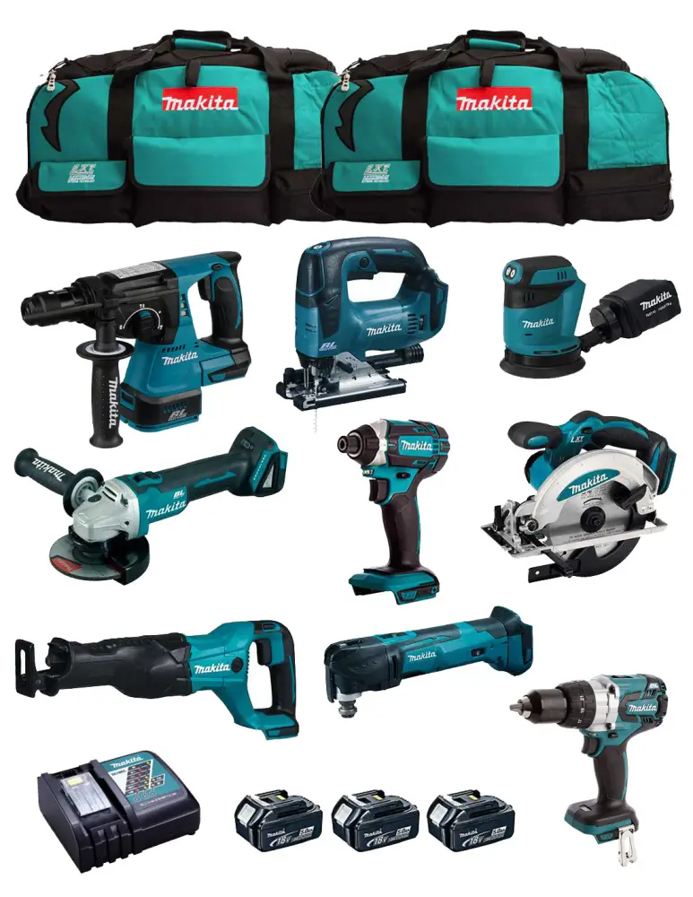 Kit Makita con 9 herramientas + 3 bat 5.0Ah + cargador + 2 bolsas DLX9243BL3 con 2 Baterías