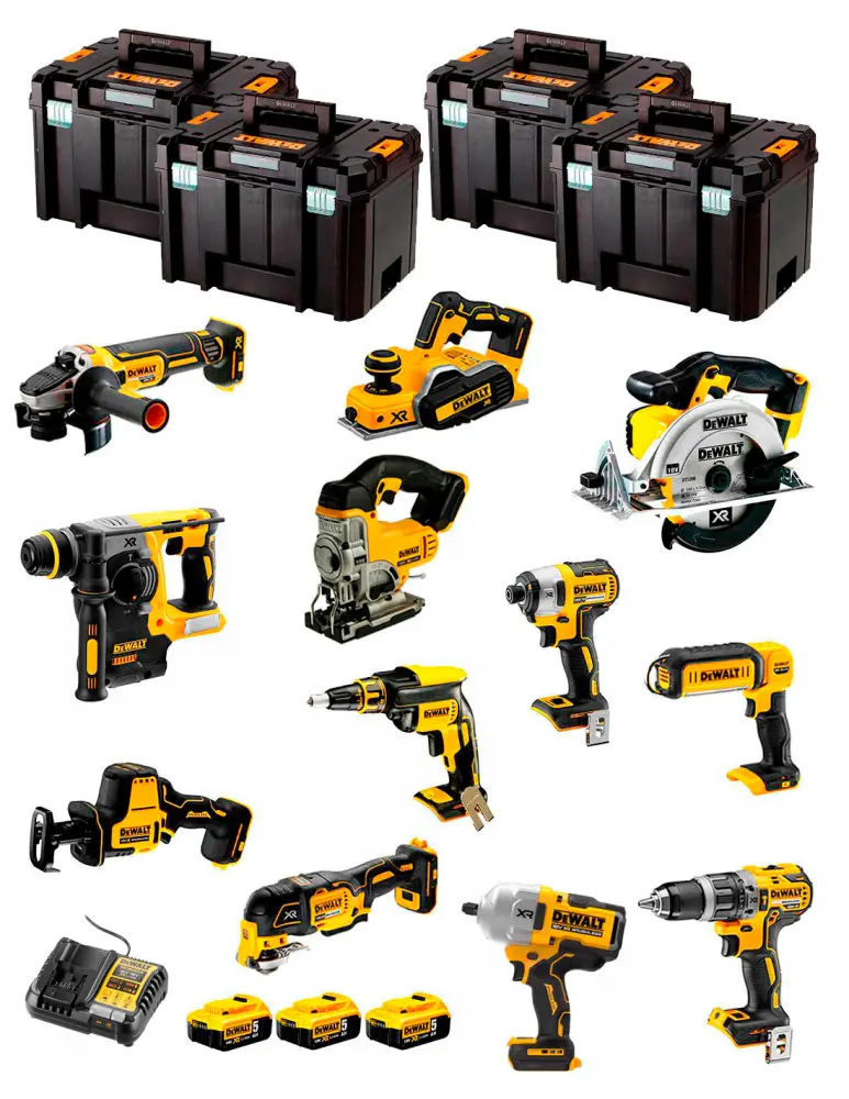 Soplador de Kit Dewalt 12 herramientas + 3bat 5Ah + Cargador DCB1104 + 4xTSTAK DCK121P3