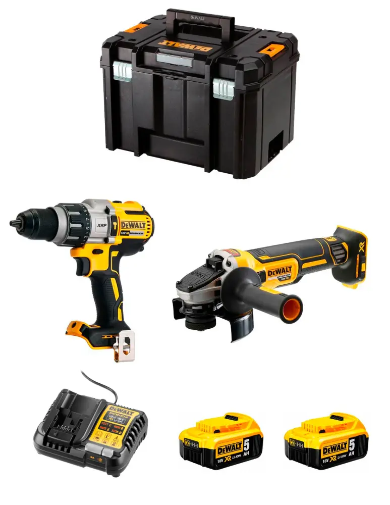 Taladro Percutor Kit Dewalt Taladro Percutor DCD996 + Mini-amoladora DCG405 + 2bat 5Ah + cargador + TSTAK VI DCK205P2
