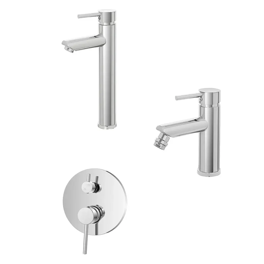 Kit miscelatore lavabo elevado + bidet + doccia due vie RubiFlux serie Paris Modello Brillant acciaio inox, con piletta cl...