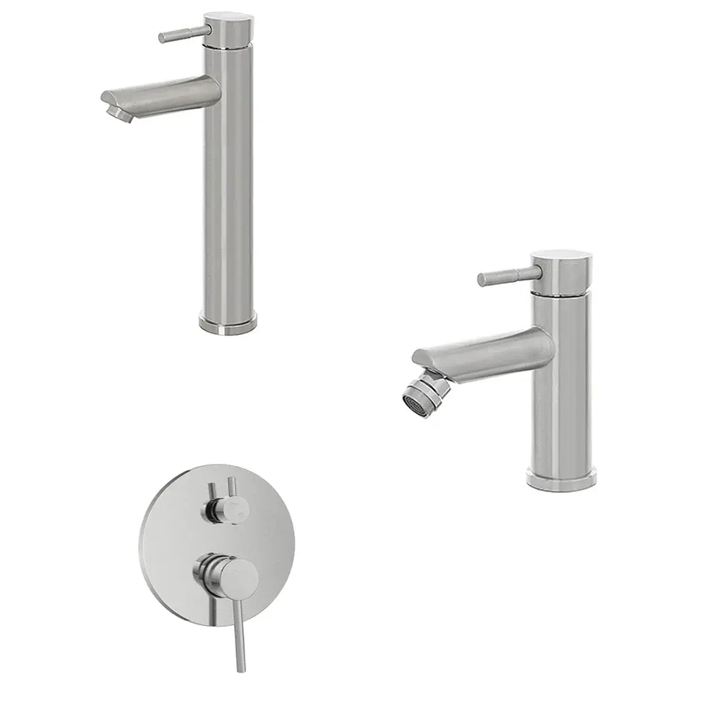 Kit miscelatore lavabo esbelto + bidet + doccia due vie RubiFlux serie Paris Modello Gris con piletta clic-clac acciaio in...