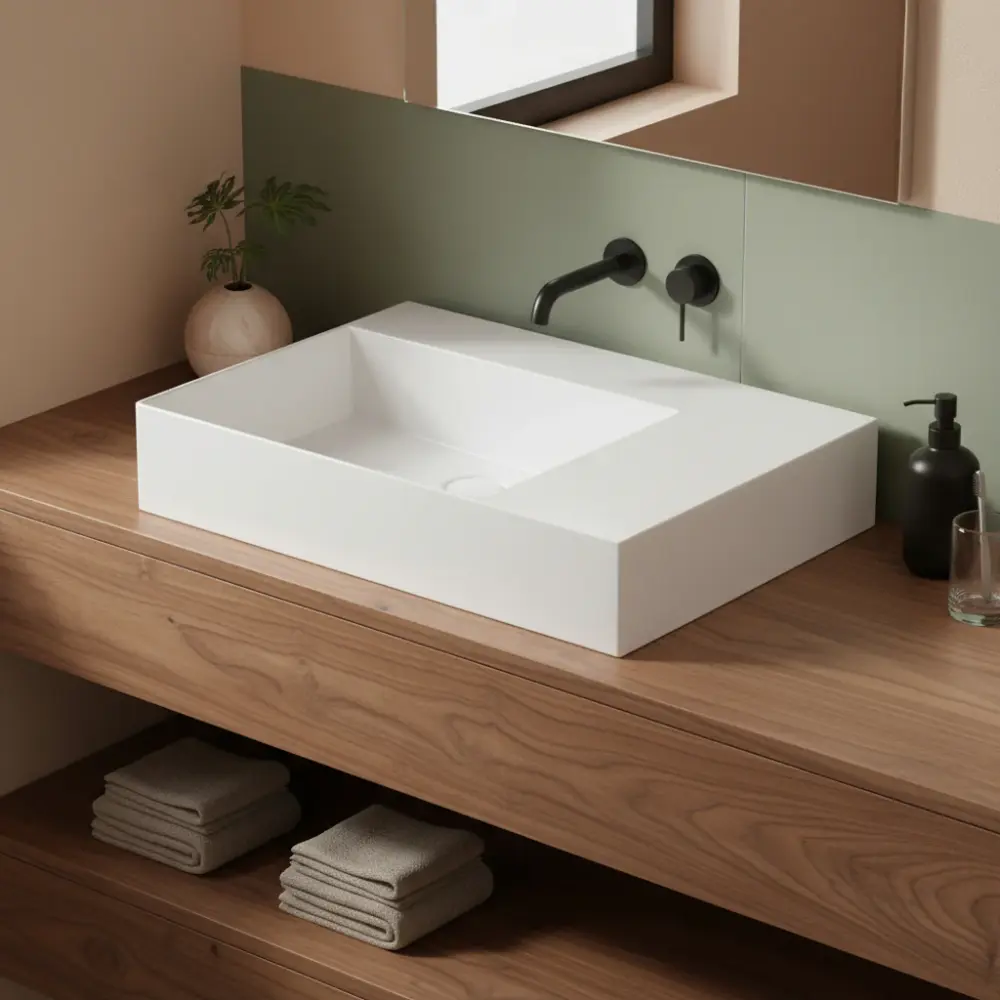 Lavabo de apoyo/colgado cuadrado de Cerámica Azzurra serie Elegance 65x45 cm con encimera la derecha