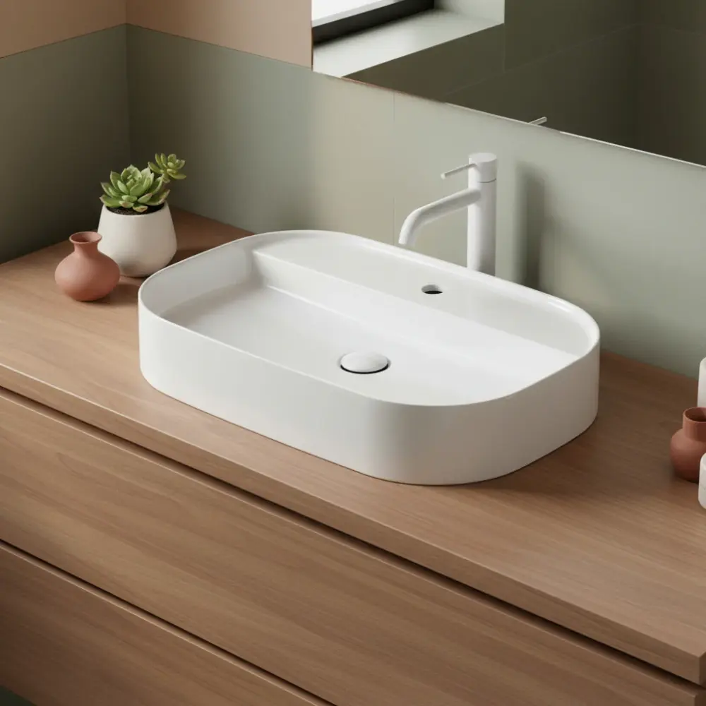 Lavabo da appoggio rettangolare con angoli stondati serie Smart-B di Ceramica Galassia - Bianco lucido 65x45cm