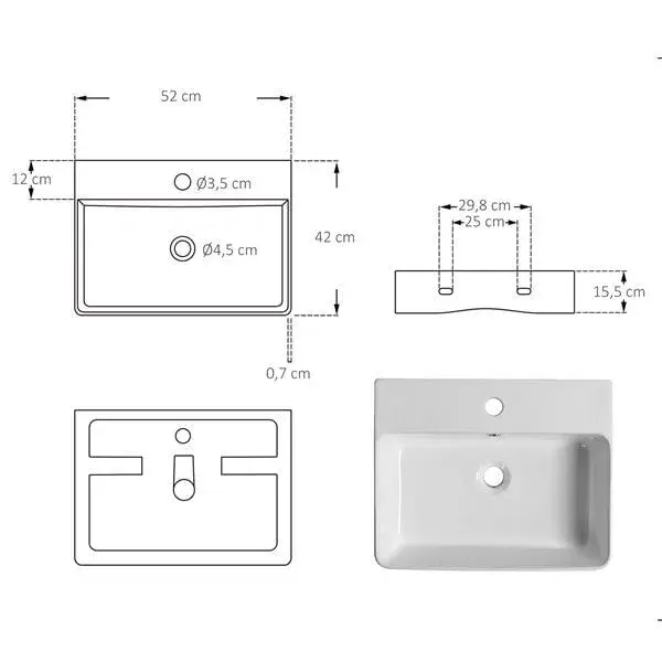Lavabo rectangular Kleankin sobre encimera de cerámica blanco 15,5x52x42 cm
