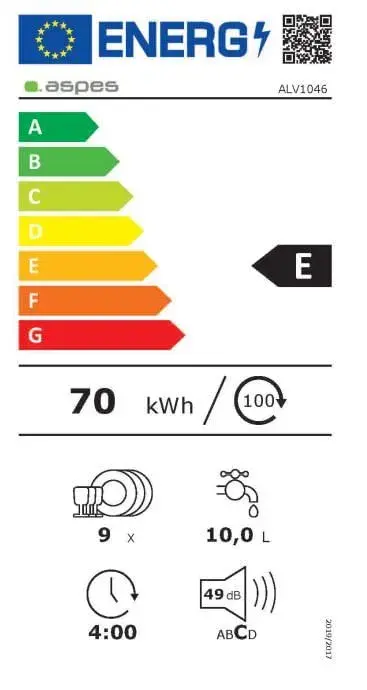 Lavavajillas Aspes ALV1046 9 cubiertos 6 programas E blanco 45 cm