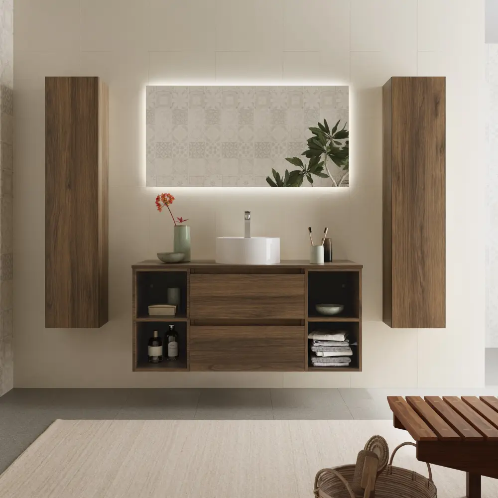 Mueble baño bequia 120cm + coqueta centrado + encimera + lavabo | nogal
