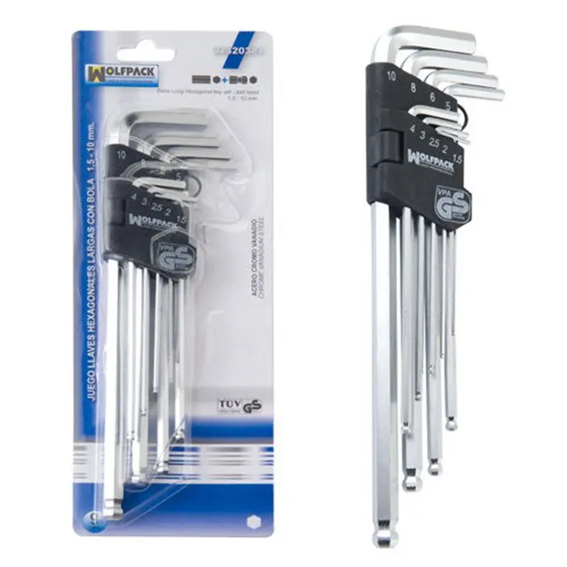 Uso juegos llaves allen larga 9 piezas con bola Wolfpack Linea Profesional