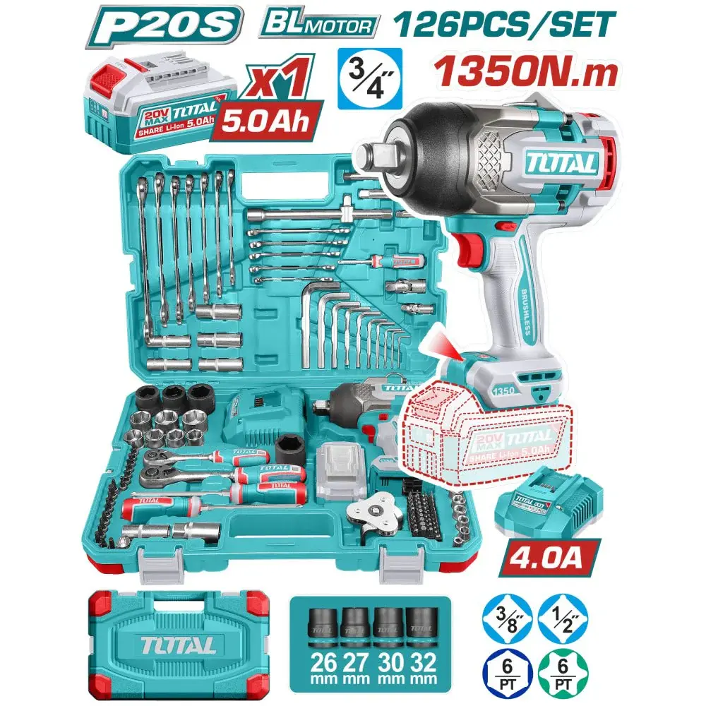 Ensemble Outils Clé À Chocs 1350 N.m 126 Pièces 20 V Sans Balais THKTHP31262