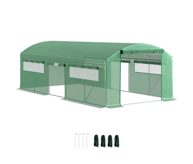 Kit Completo de Instalación Outsunny Invernadero de Exterior 6x3x2 m Invernadero de Túnel con 6 Ventanas de Malla Cubier...