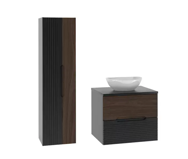 Acero Inoxidable Premium Conjunto de muebles con lavabo individual 60cm y columna Sylla Negro y madera