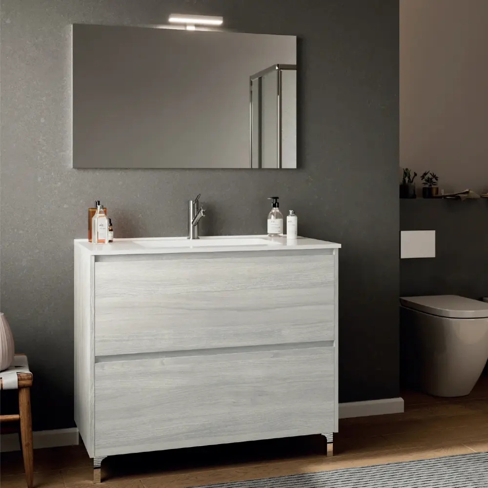 Acero Inoxidable Premium Mueble de baño móvil Cubi&Co Berlino 100 con lavabo, espejo y lámpara - Roble Gris