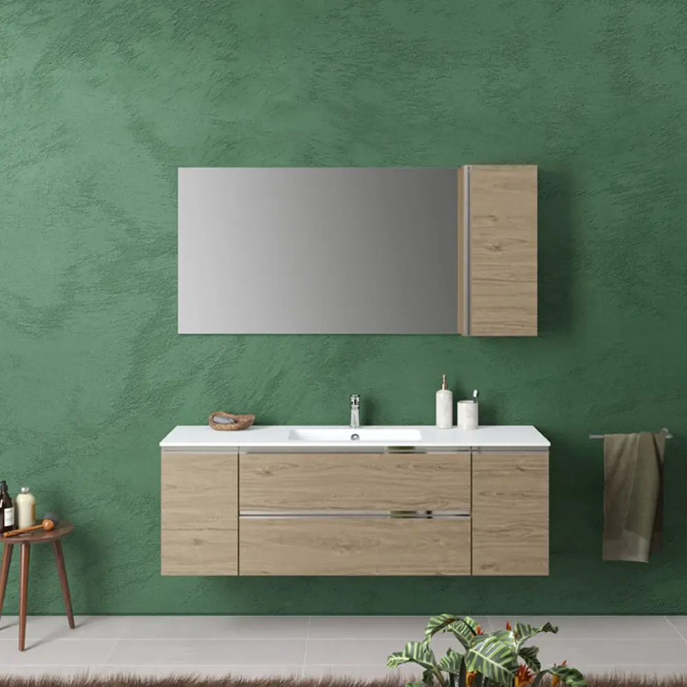 Composición de baño suspendida con lavabo colgante y espejo modelo York04 150 cm Roble Nabucco