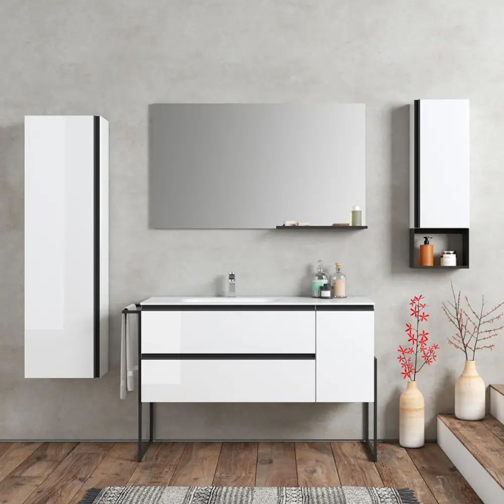 Composición de muebles de baño con lavabo, columna, armario suspendido y espejo modelo York01 200 cm Blanco Resplandeciente