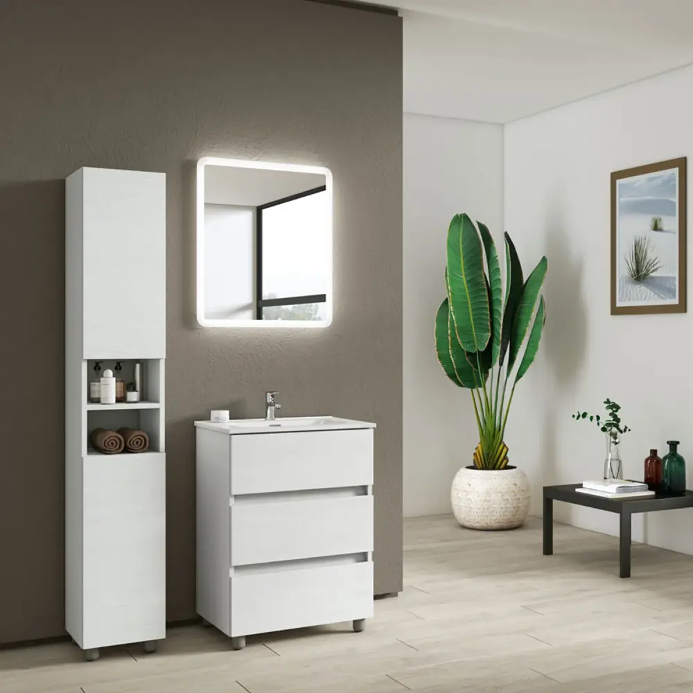 Composizione bagno con lavabo specchio retroilluminato e colonna modello KoraXL02 90 cm Bianco Frassinato