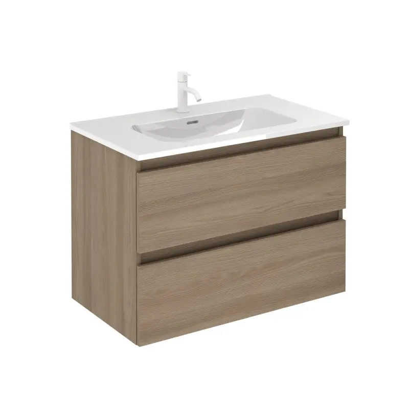 Conjunto mueble baño suspendido con 2 cajones + lavabo 【ancho 100】【nogal】