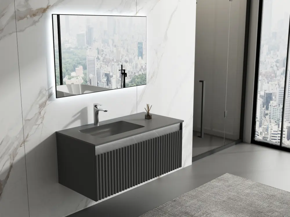Conjunto mueble Davys Grey, lavabo en resina y espejo LED 100x50x50 con Sensor Táctil