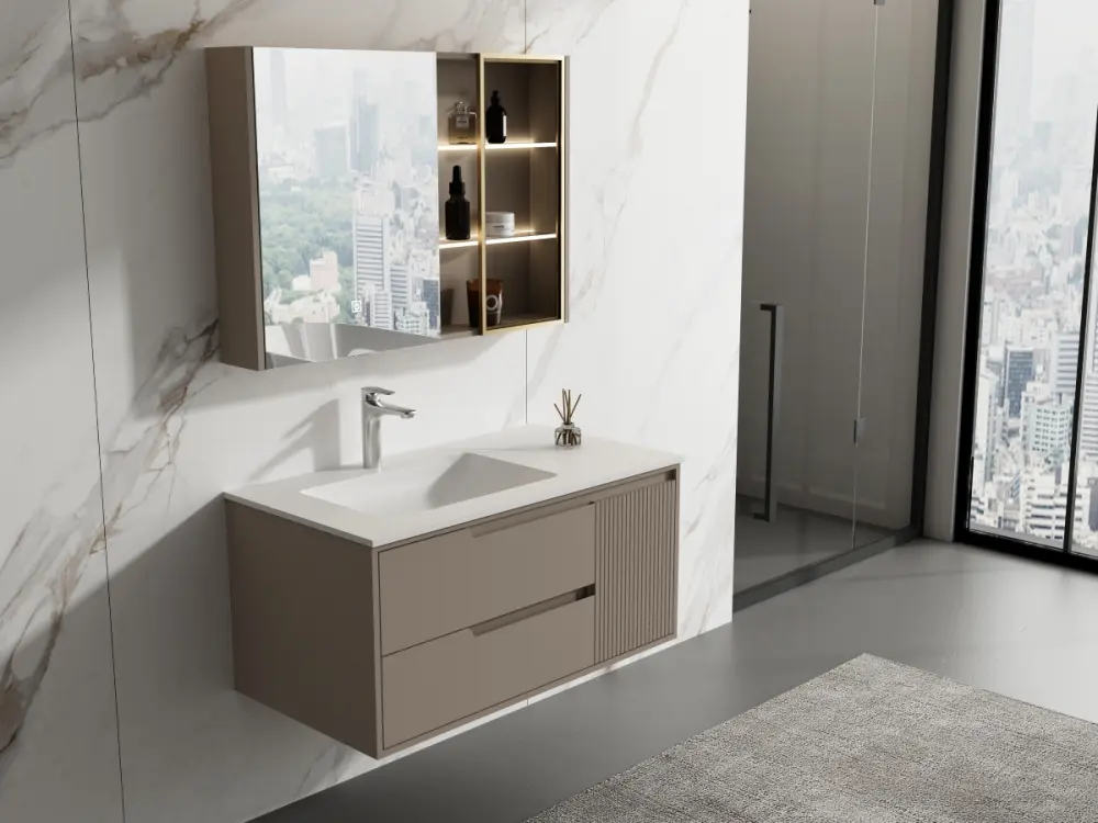 Conjunto mueble greige, lavabo en resina y mueble con espejo LED Acabado en Cromo