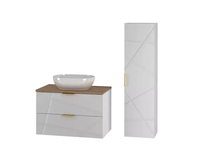 Conjunto de mueble lavabo individual 80cm y columna Aurora Blanco y Madera de Acero Inoxidable